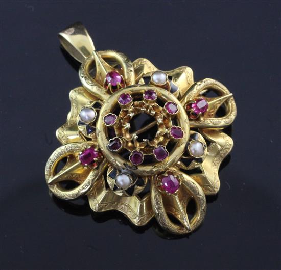 An early 20th century 18ct gold, ruby, split pearl and black enamel pendant brooch, 1.5in excluding bale.